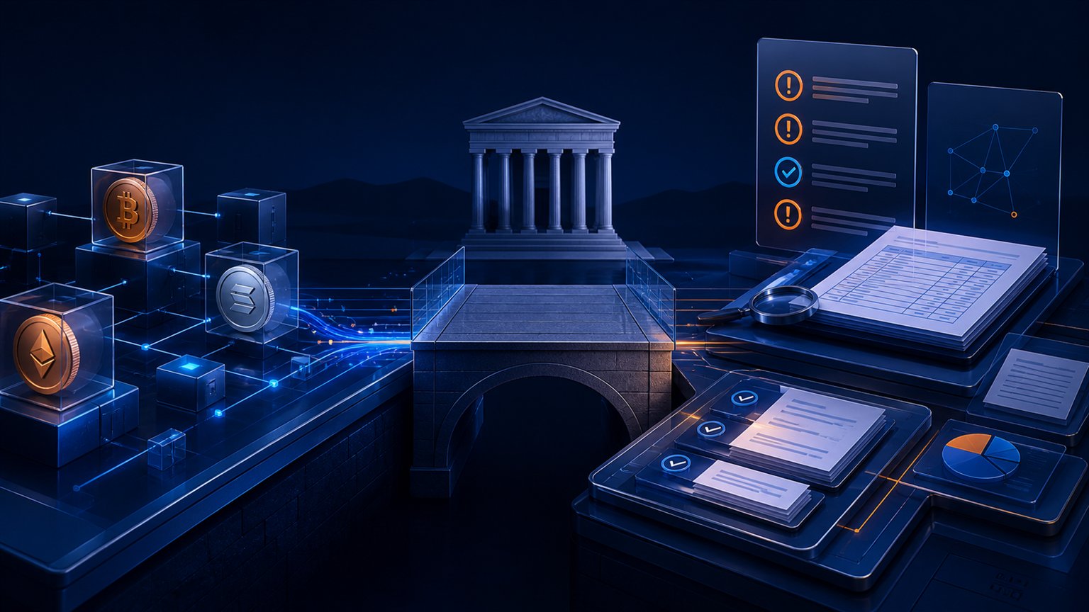 Modern editorial illustration for the crypto tax article “Crypto losses in Greece: a cautious 2026 filing workflow”
