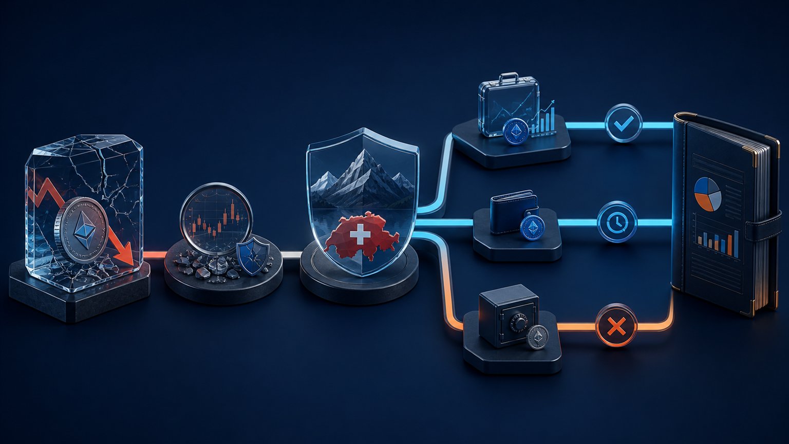 Modern editorial illustration for the crypto tax article “Crypto losses in Switzerland: private wealth versus business activity”