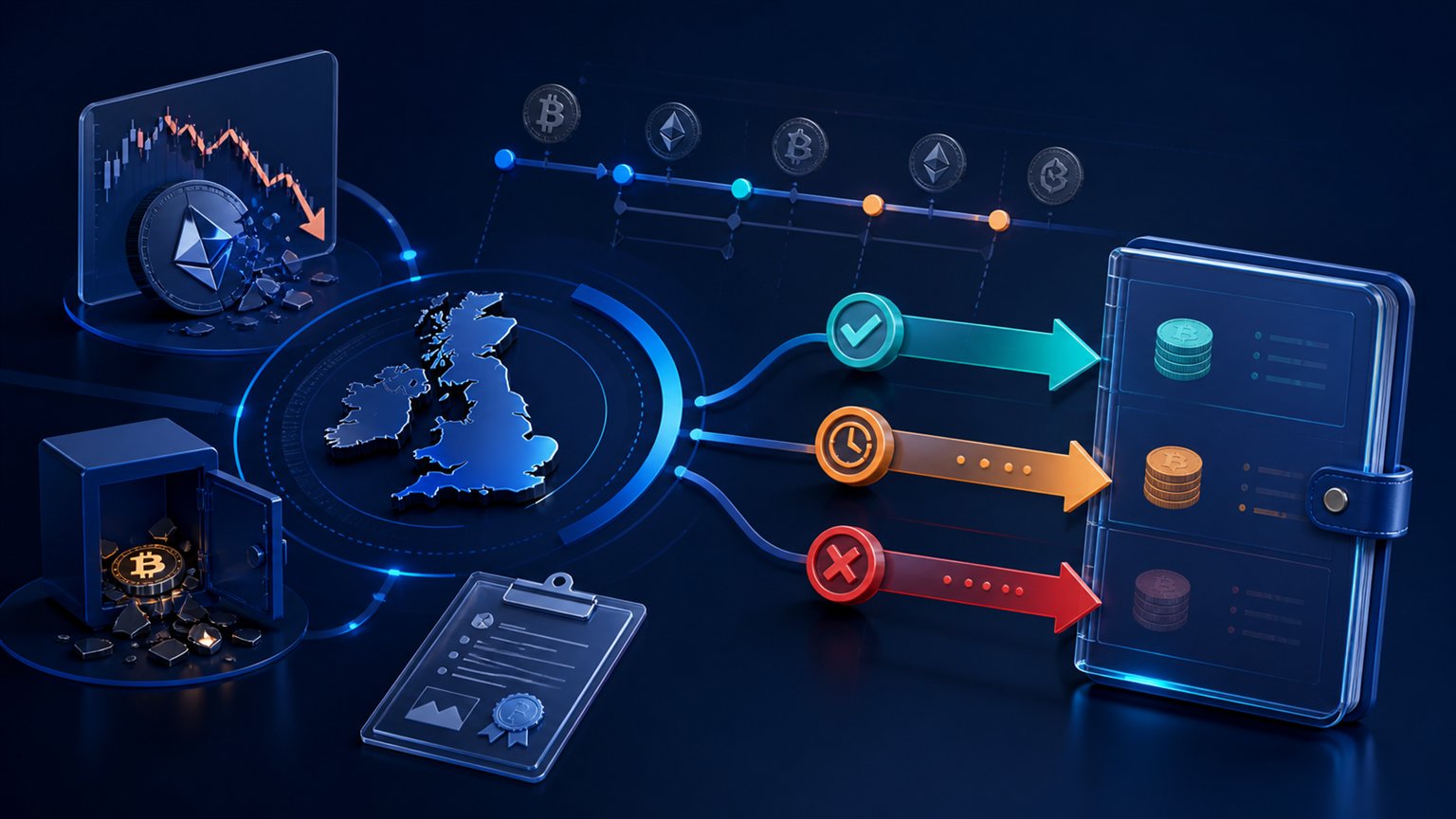 Modern editorial illustration for the crypto tax article “UK crypto losses for 2025/26: claims, matching and carryforward”