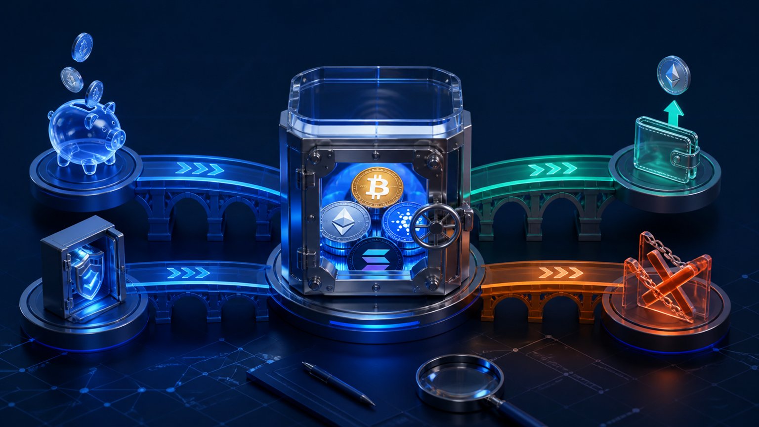 Modern editorial illustration for the crypto tax article “Crypto Roth IRA Taxes: Contributions, Trading and Withdrawals in 2026”
