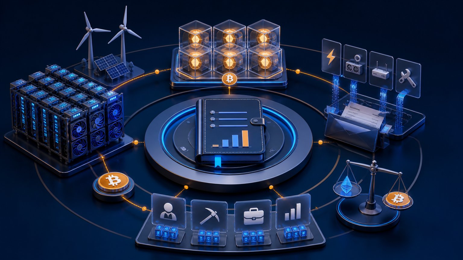Modern editorial illustration for the crypto tax article “Self-Employed Crypto Taxes: Income, Basis and Schedule C Reporting”