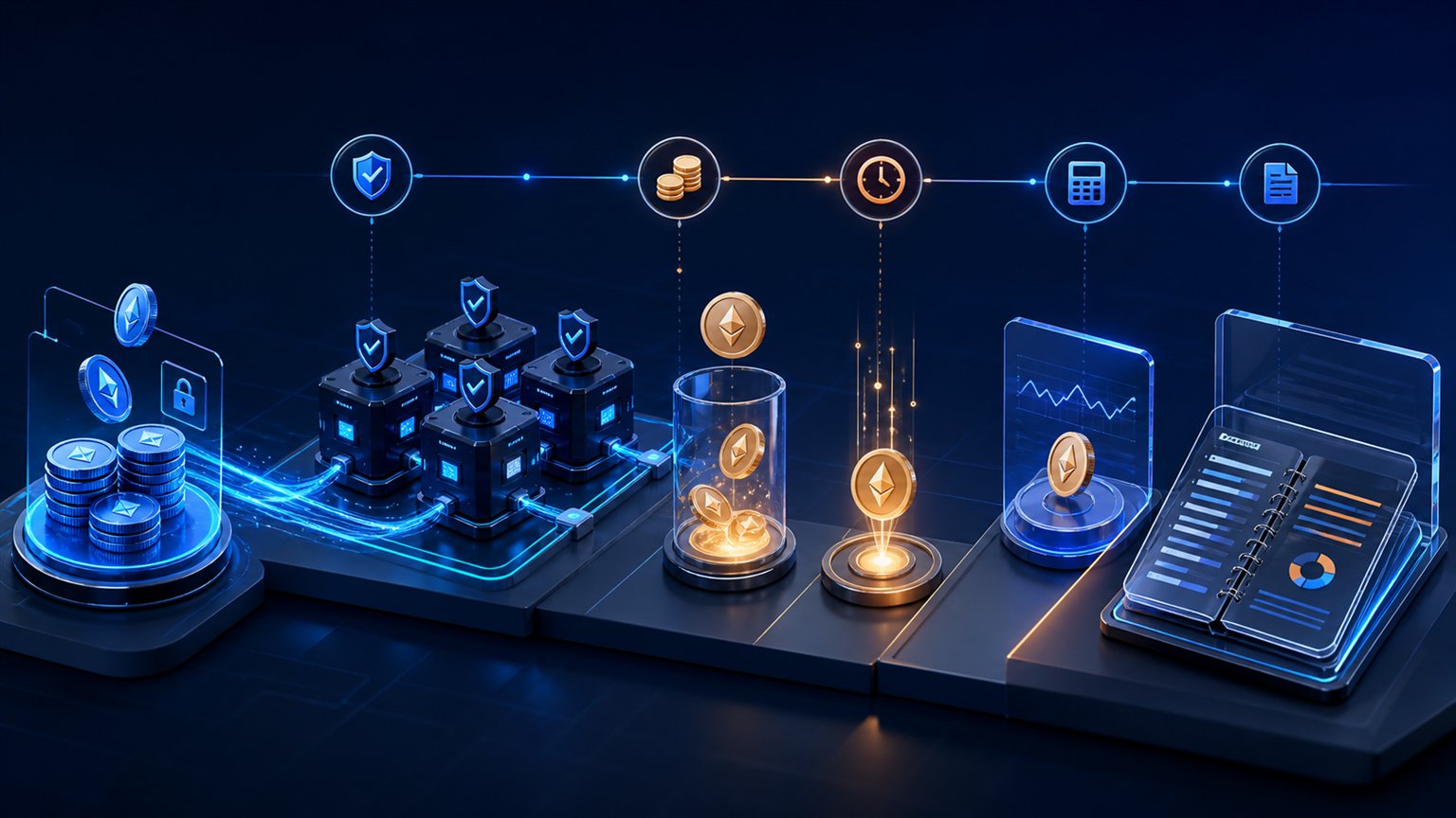 Modern editorial illustration for the crypto tax article “Crypto Staking Tax in Australia: Income, Cost Base and CGT”