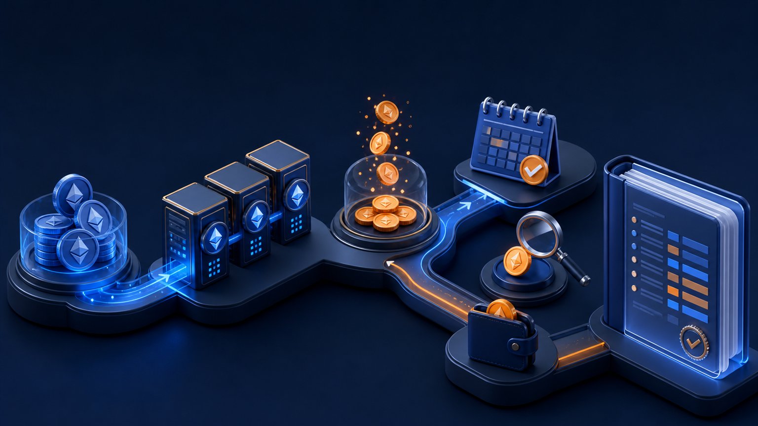 Modern editorial illustration for the crypto tax article “US Crypto Staking Taxes: Income, Basis and IRS Reporting”