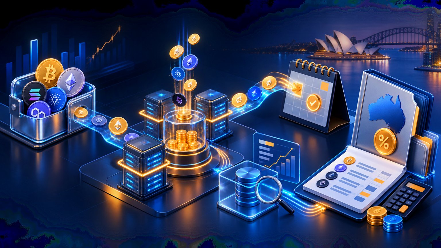 Modern editorial illustration for the crypto tax article “Crypto Tax Australia 2025/2026: ATO Rules for Investors and Trading Businesses”