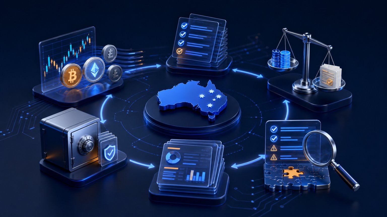 Modern editorial illustration for the crypto tax article “Australian crypto tax filing 2026: a step-by-step ATO and myTax guide”