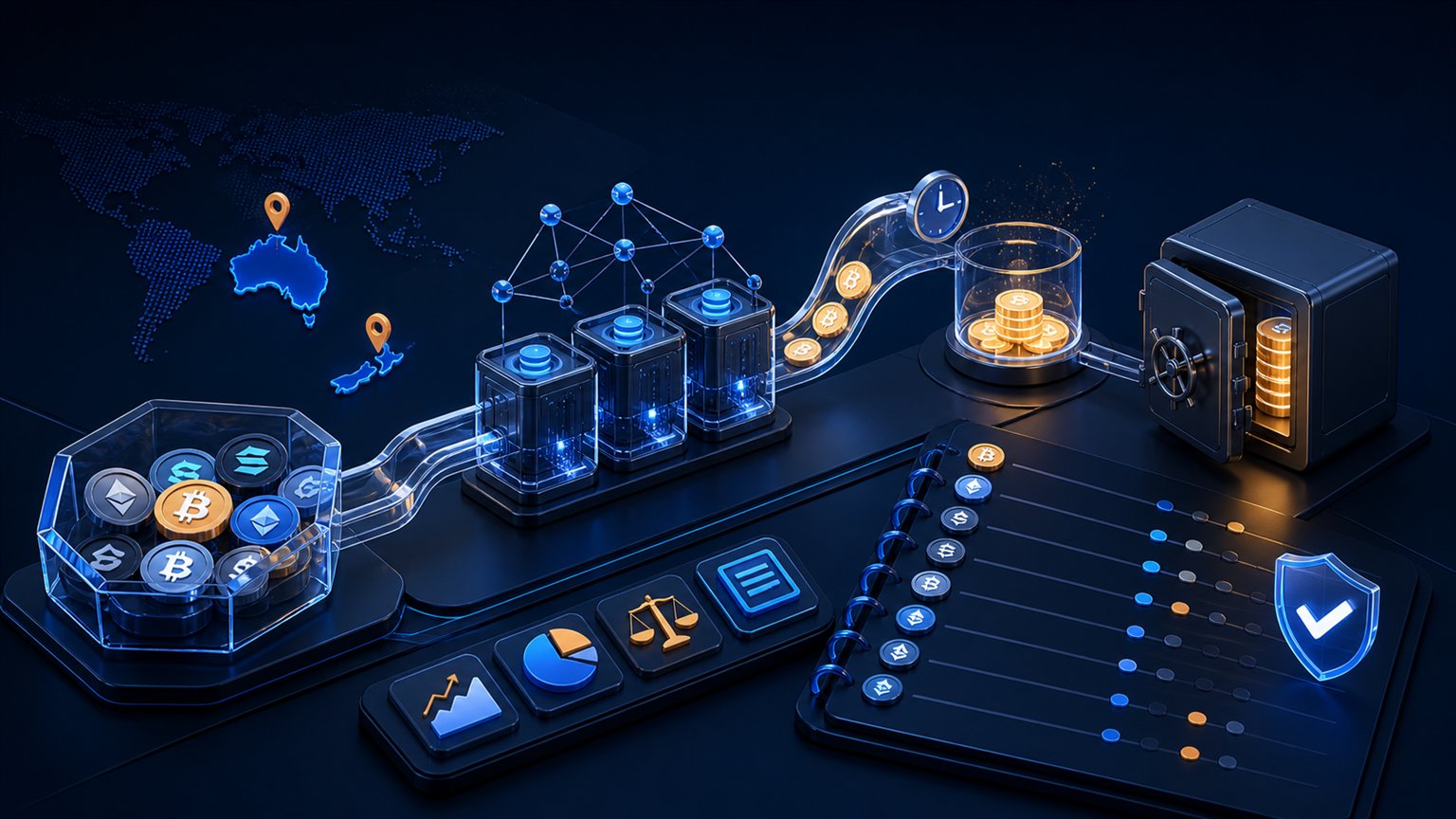 Modern editorial illustration for the crypto tax article “Crypto Tax Compared: Australia, New Zealand and Singapore”