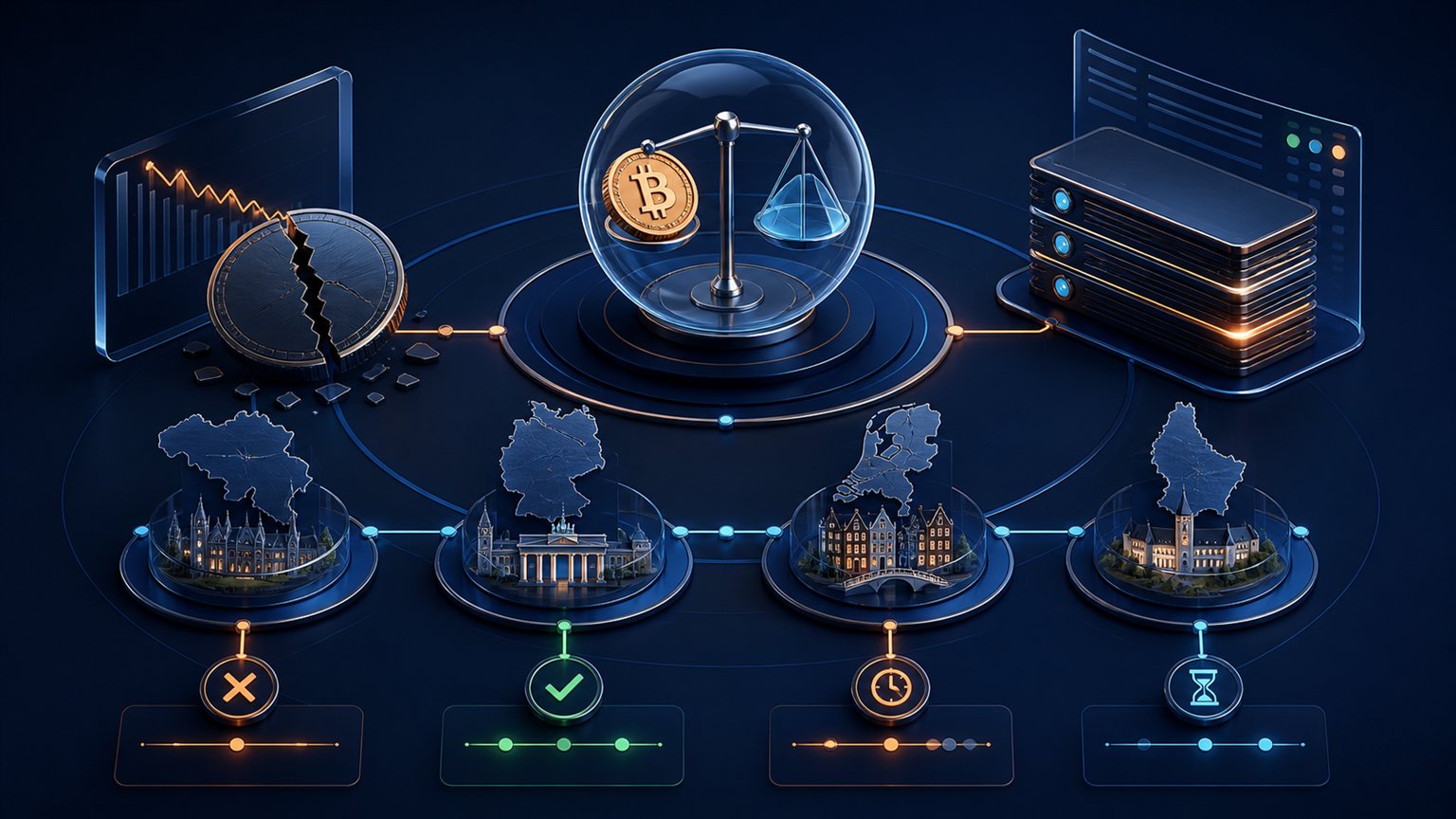 Modern editorial illustration for the crypto tax article “Crypto Tax Compared: Belgium, Germany, Netherlands and Luxembourg”
