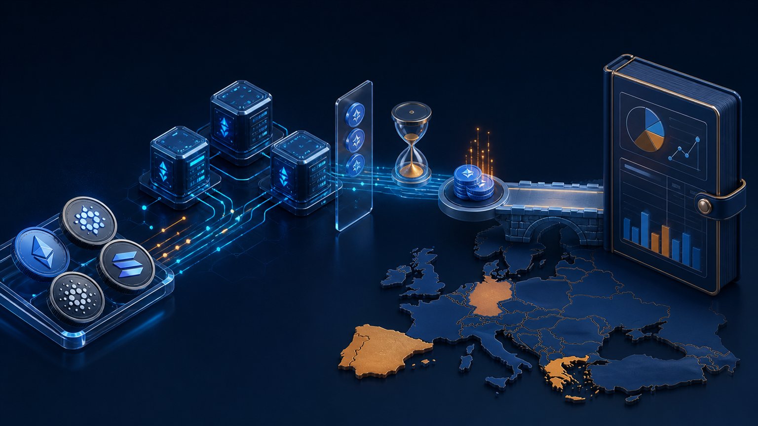 Modern editorial illustration for the crypto tax article “Crypto tax in Greece, Germany, Portugal and Spain: 2026 comparison”