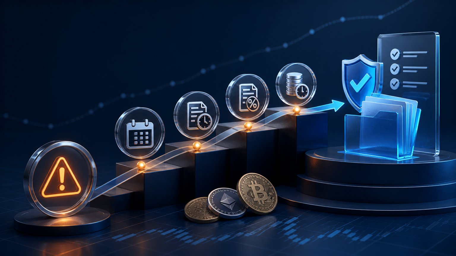 Modern editorial illustration for the crypto tax article “IRS Crypto Tax Penalties in 2026: What Applies and How to Correct Errors”