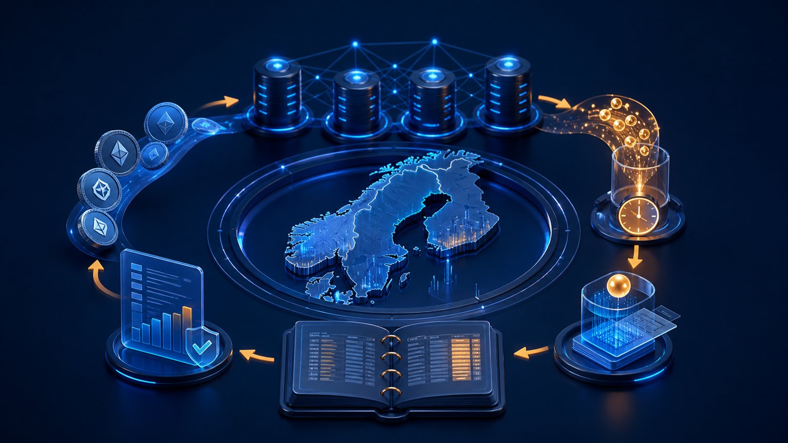 Modern editorial illustration for the crypto tax article “Nordic Crypto Tax Comparison 2026: Four Different Systems”