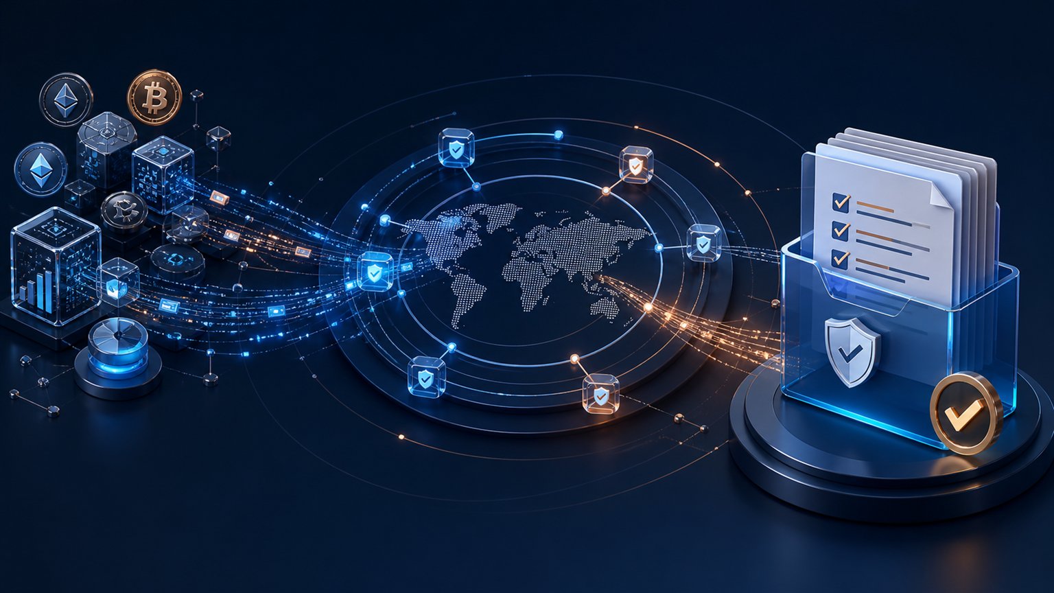 Modern editorial illustration for the crypto tax article “HMRC Crypto Tax Guide 2026: Gains, Income, DeFi and Filing”