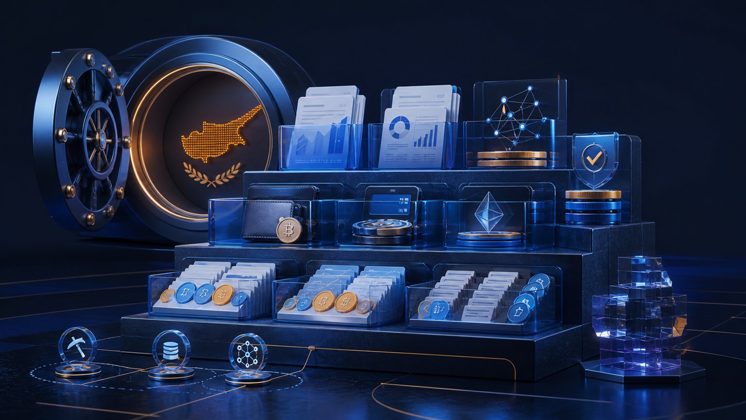 Modern editorial illustration for the crypto tax article “Cyprus crypto tax in 2026: the 8% Article 20E regime”