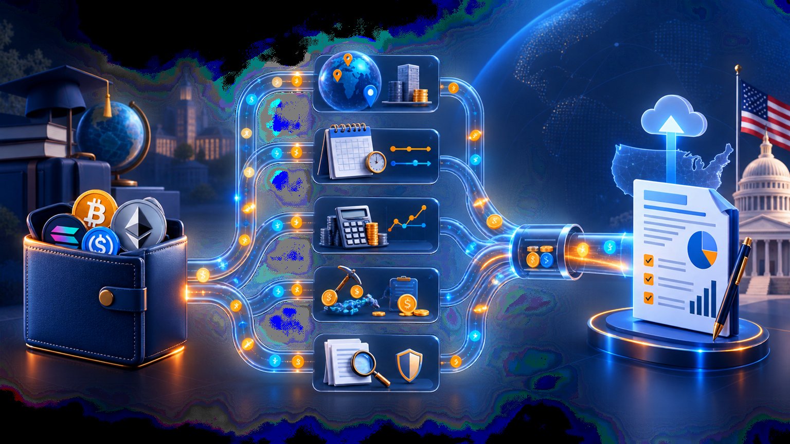 Modern editorial illustration for the crypto tax article “Crypto Taxes for F-1 Students in 2026: Residency, Gains and Filing”