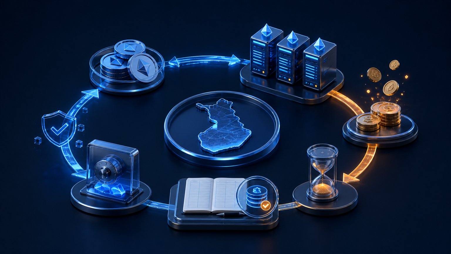 Modern editorial illustration for the crypto tax article “Crypto Tax in Finland 2026: Rates, FIFO, Staking and MyTax”