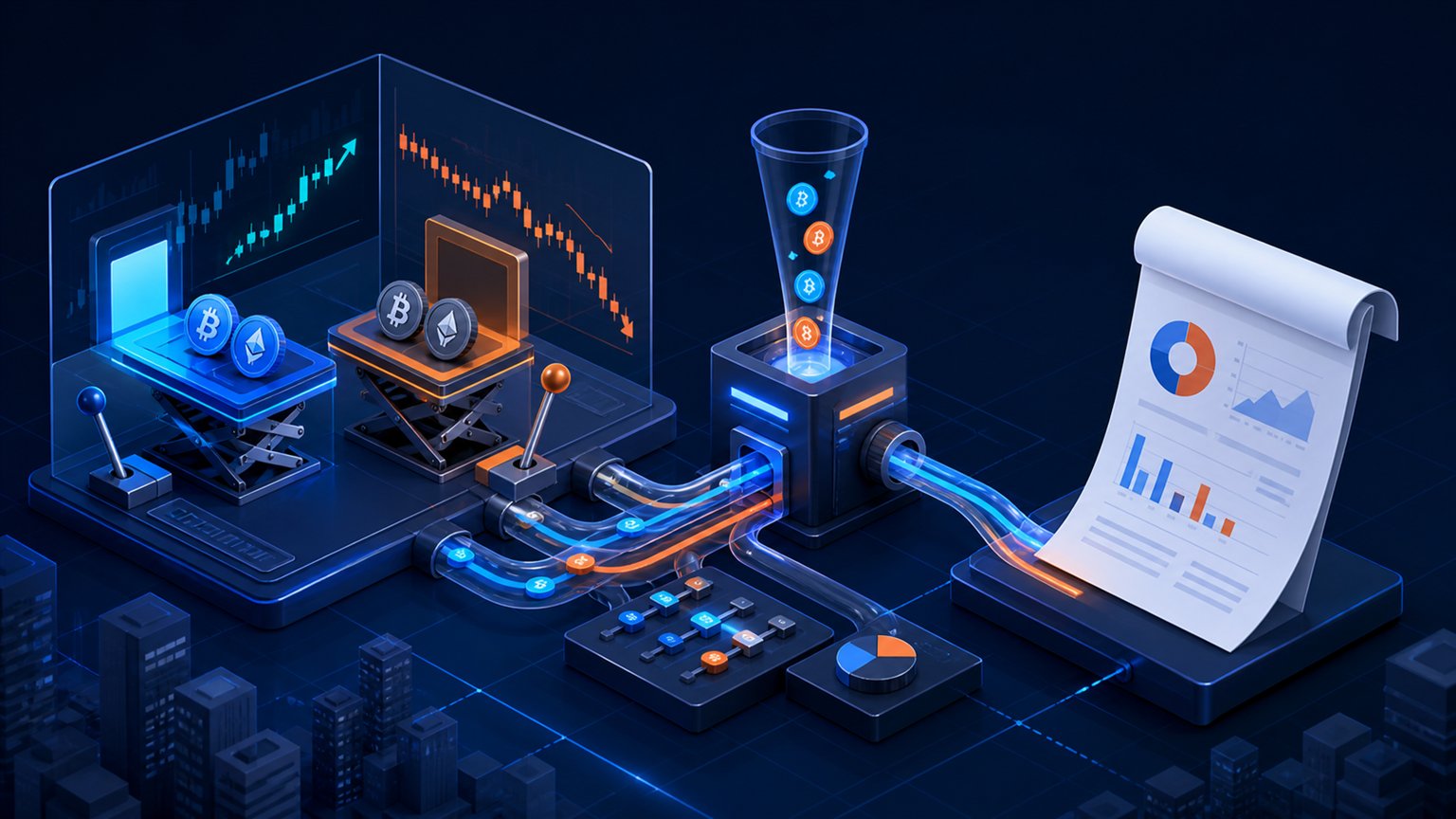 Modern editorial illustration for the crypto tax article “Crypto Losses and US Taxes: What Is Actually Deductible?”