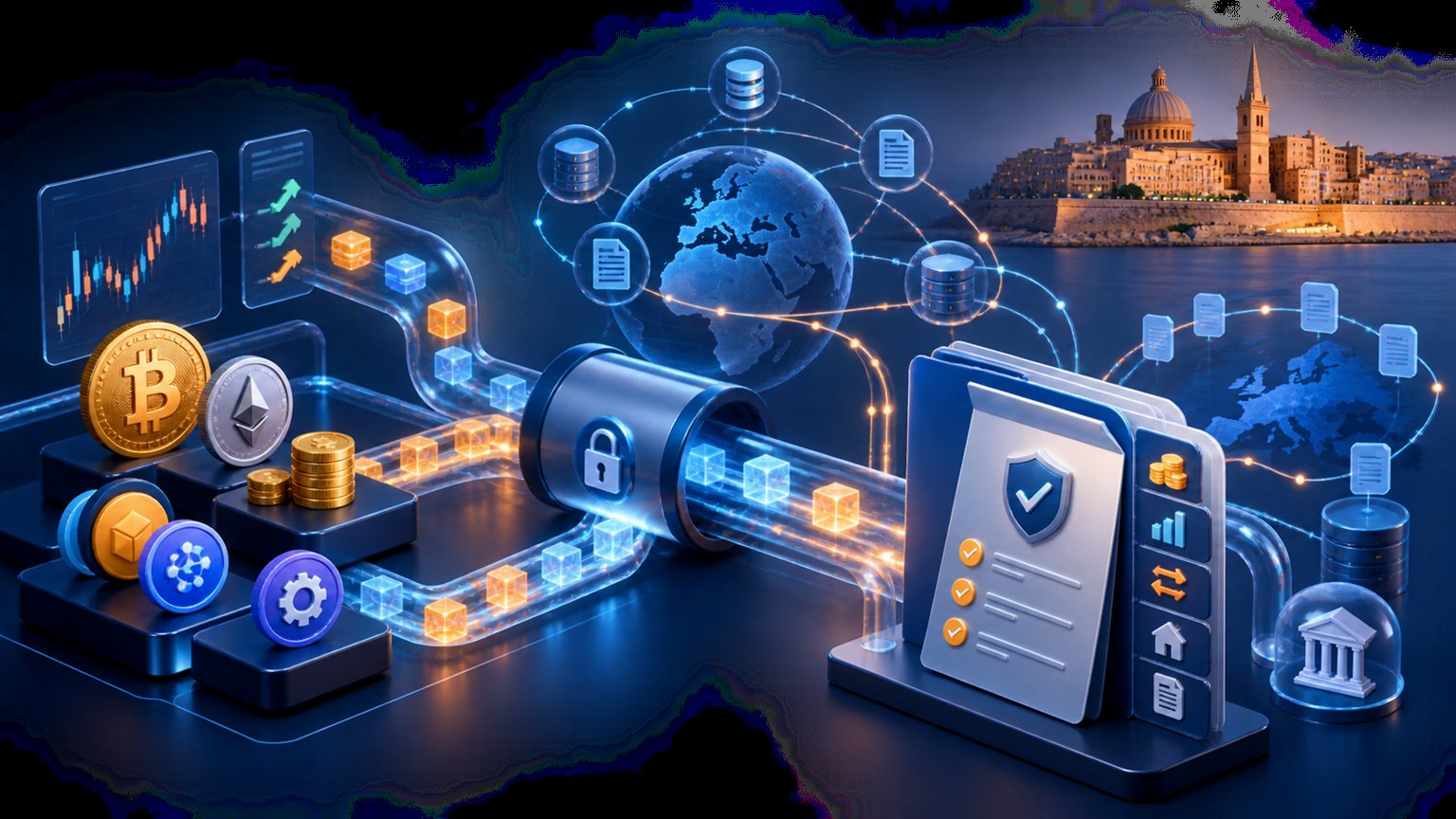 Modern editorial illustration for the crypto tax article “Malta crypto tax in 2026: coins, tokens and trading income”