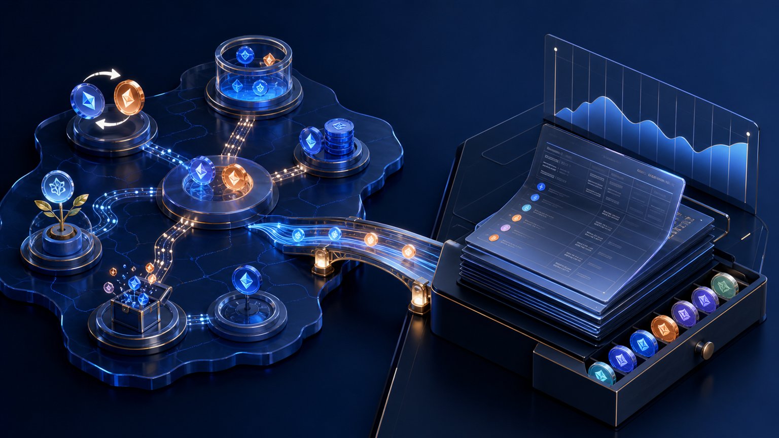 Modern editorial illustration for the crypto tax article “Crypto Tax in the Netherlands 2026: Box 3 and Actual Return”