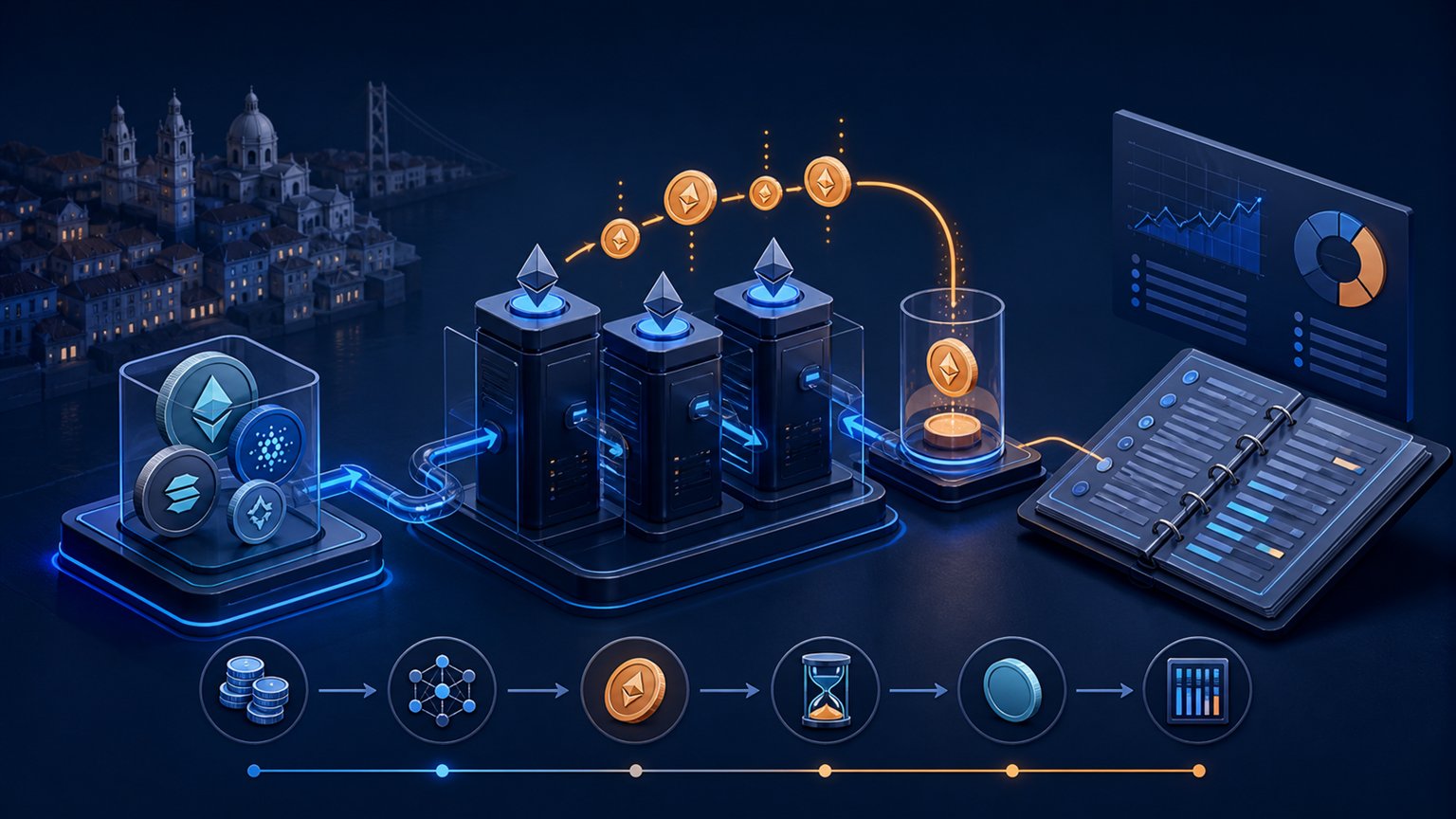 Modern editorial illustration for the crypto tax article “Portugal crypto tax in 2026: 365 days, swaps and IRS reporting”
