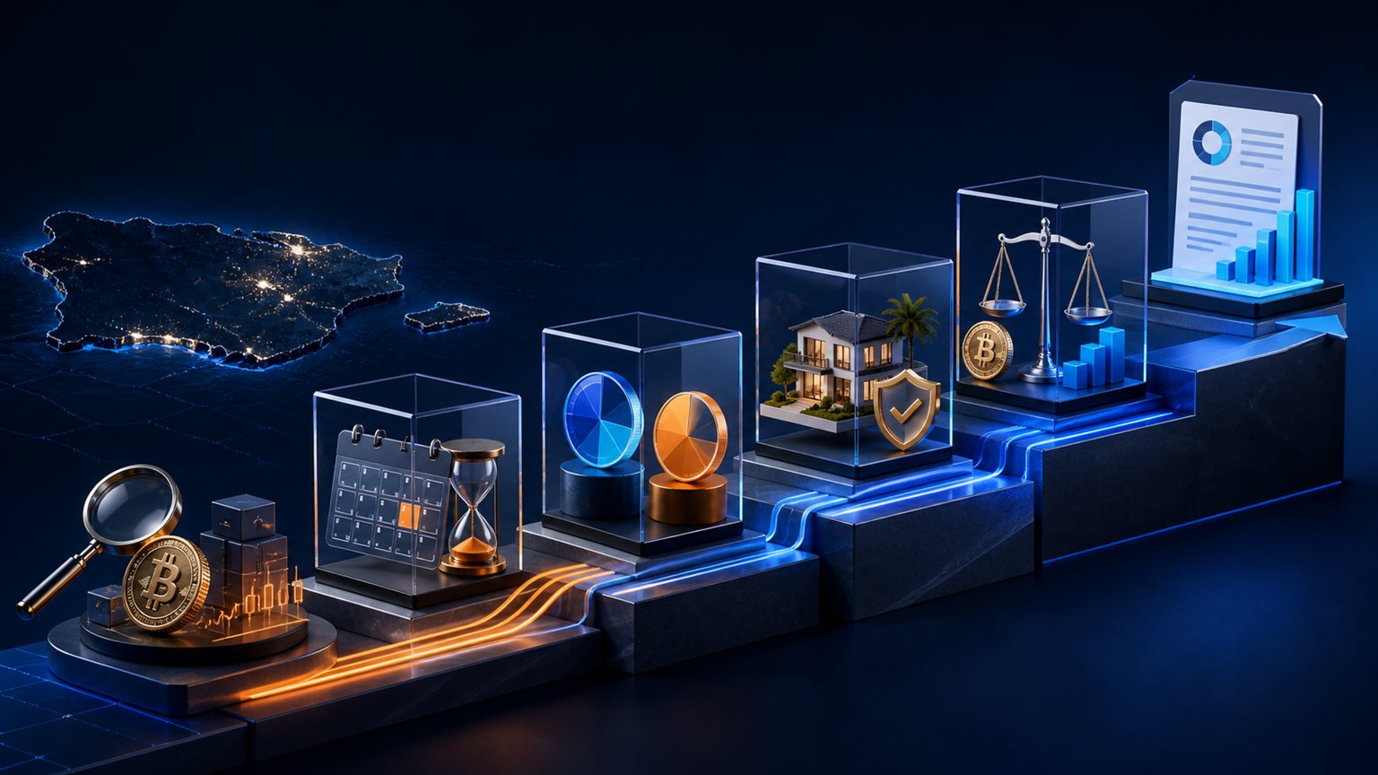 Modern editorial illustration for the crypto tax article “Puerto Rico Act 60 and Crypto in 2026: Decrees, Residence and Source”