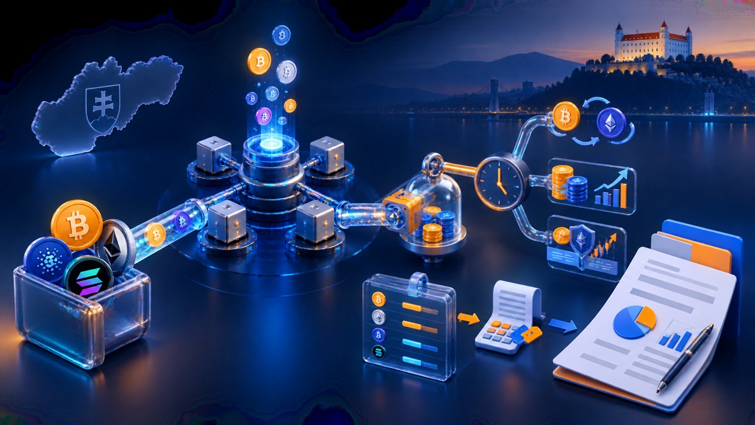 Modern editorial illustration for the crypto tax article “Krypto-Steuern Slowakei 2025/2026: DPFOBv25 richtig ausfüllen”