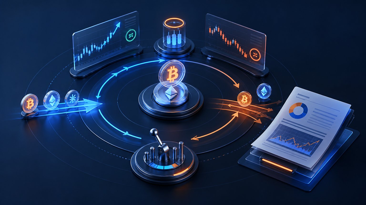 Modern editorial illustration for the crypto tax article “Krypto-Steuern Spanien 2025/2026: Modelo 100, FIFO und Auslandsreporting”