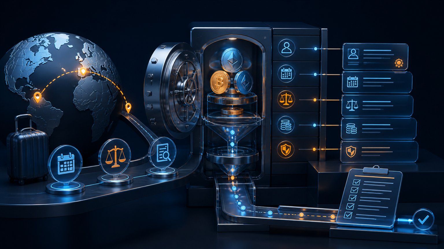 Modern editorial illustration for the crypto tax article “Crypto Taxes When Moving Countries: Exit Tax, Residence and Cost Basis”