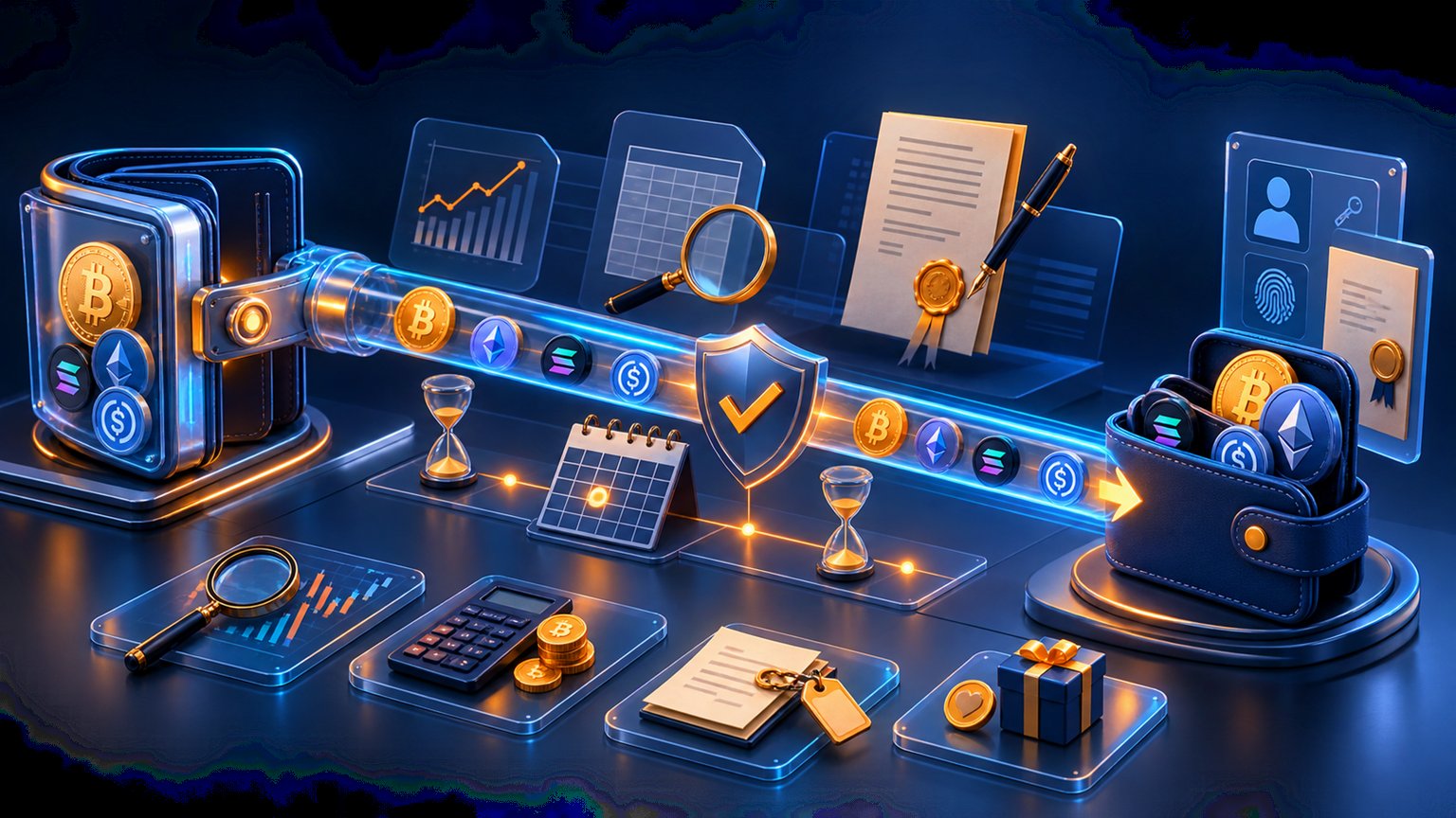 Modern editorial illustration for the crypto tax article “Crypto year-end tax planning for 2026: a defensible checklist”