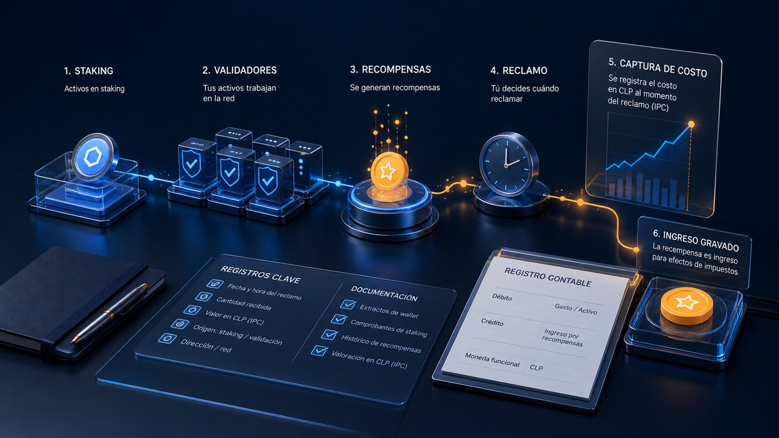Modern editorial illustration for the crypto tax article “Impuestos sobre criptomonedas en Chile 2026: declaración ante el SII”