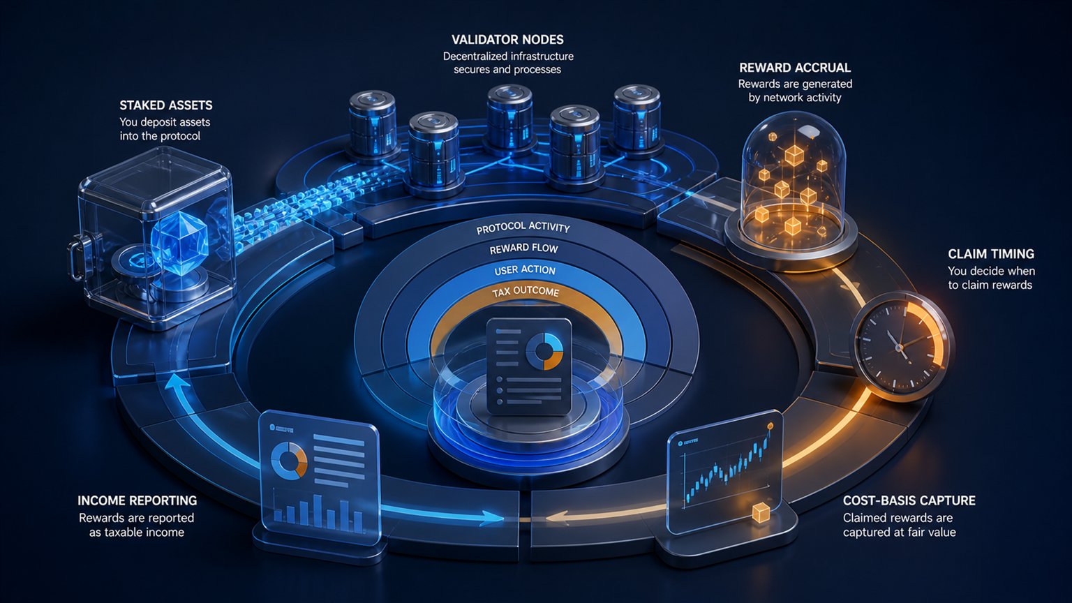 Modern editorial illustration for the crypto tax article “DeFi, Liquidity Pools en Yield Farming in Box 3 in 2026”
