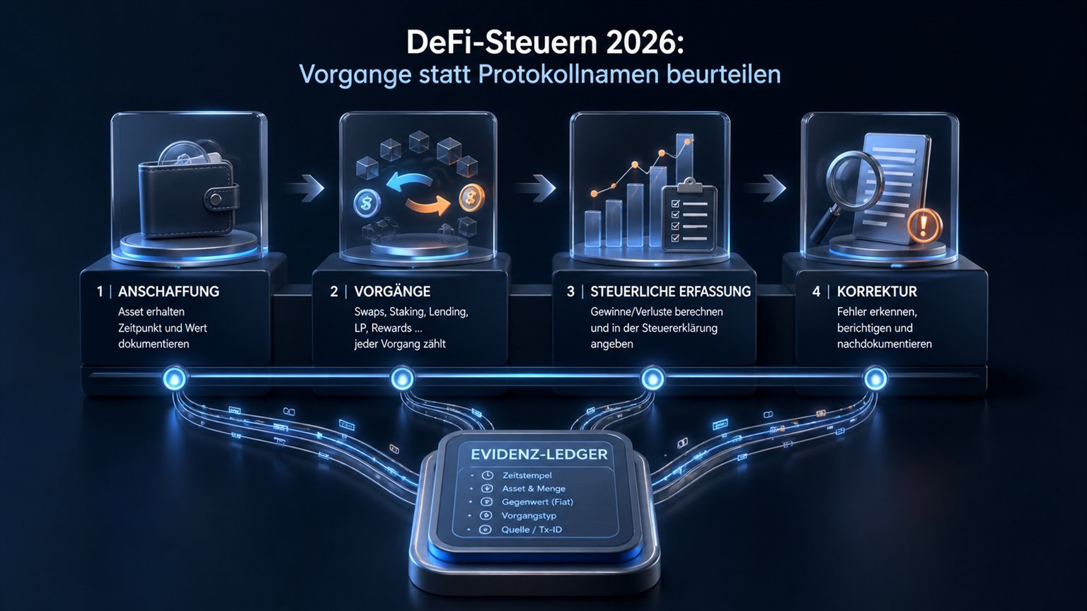 Moderne redaktionelle Illustration zum Artikel „DeFi-Steuern 2026: Vorgänge statt Protokollnamen beurteilen“ über Krypto-Steuern