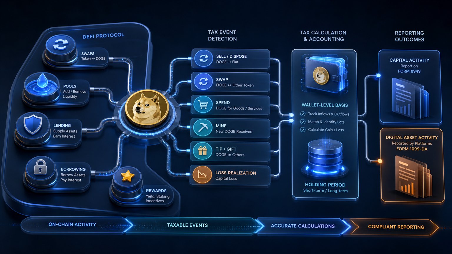 Modern editorial illustration for the crypto tax article “Dogecoin Taxes in the US for 2026: How to Report DOGE Correctly”