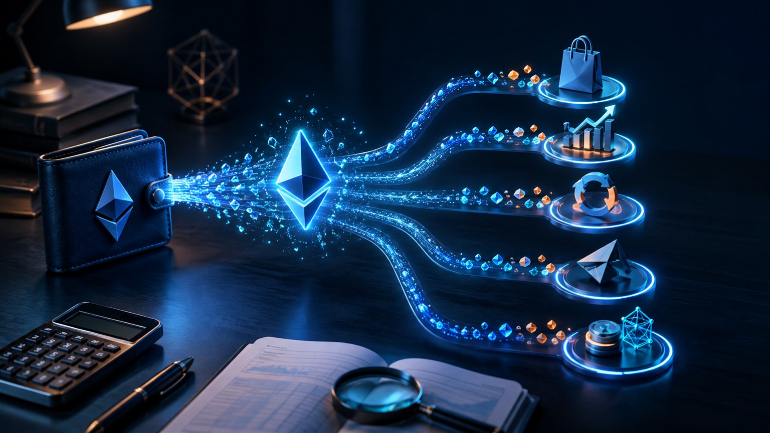 Moderne redaktionelle Illustration zum Artikel „Ethereum Gas Fees und Steuern 2026: Gebühren richtig dokumentieren“ über Krypto-Steuern