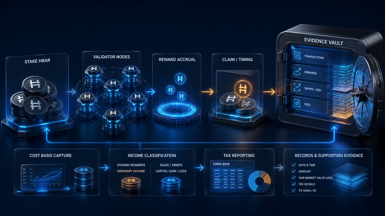 Modern editorial illustration for the crypto tax article “Hedera HBAR Taxes in the US: Staking, Transactions and 2026 Filing”