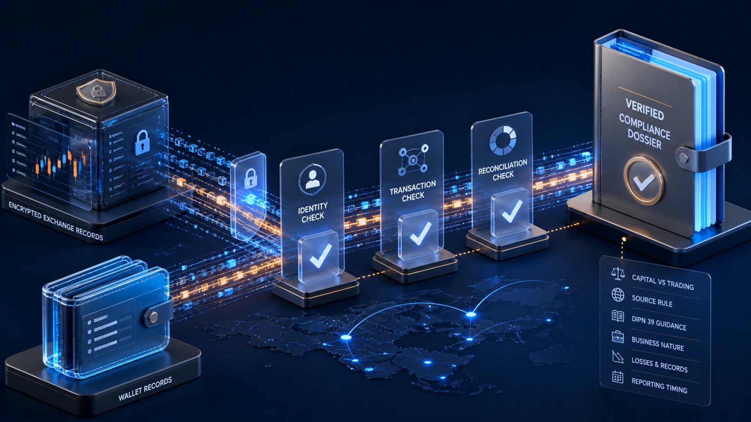 Modern editorial illustration for the crypto tax article “Hong Kong Crypto Tax: Capital Investment, Trading Business, and Source”