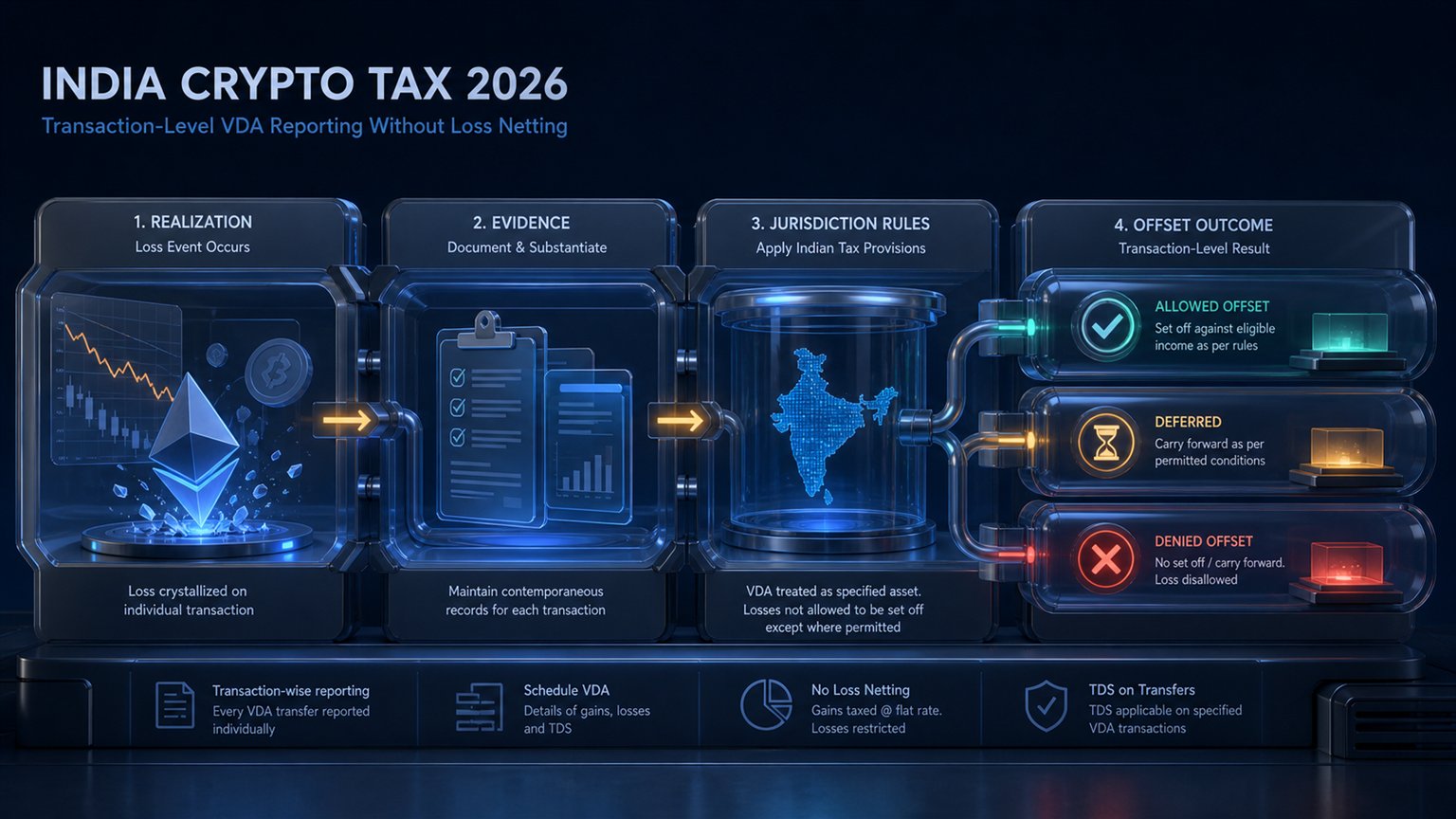Modern editorial illustration for the crypto tax article “India Crypto Tax 2026: Transaction-Level VDA Reporting Without Loss Netting”