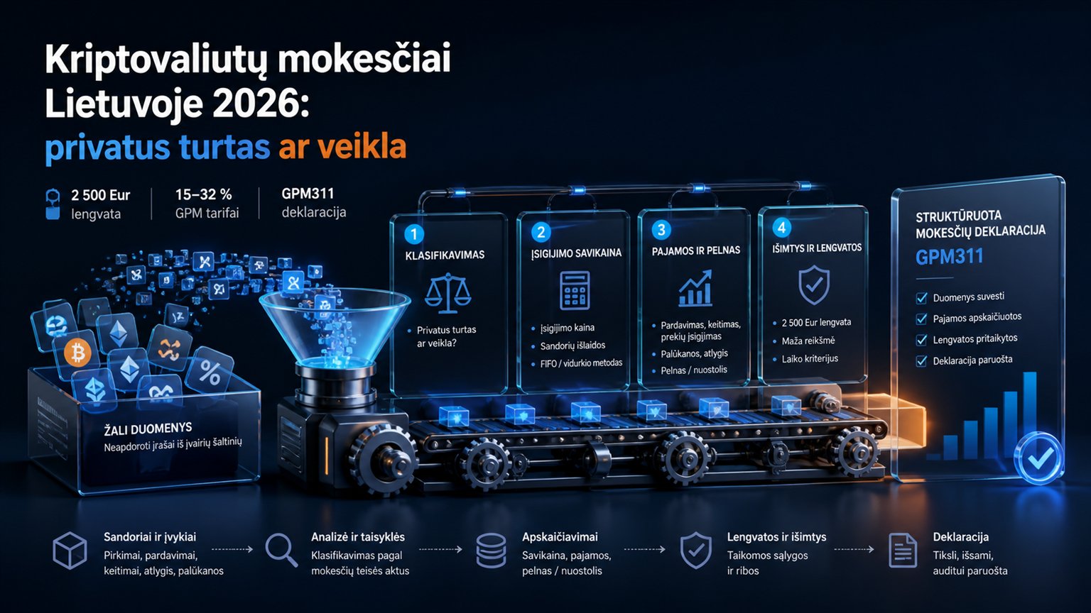 Modern editorial illustration for the crypto tax article “Kriptovaliutų mokesčiai Lietuvoje 2026: privatus turtas ar veikla”