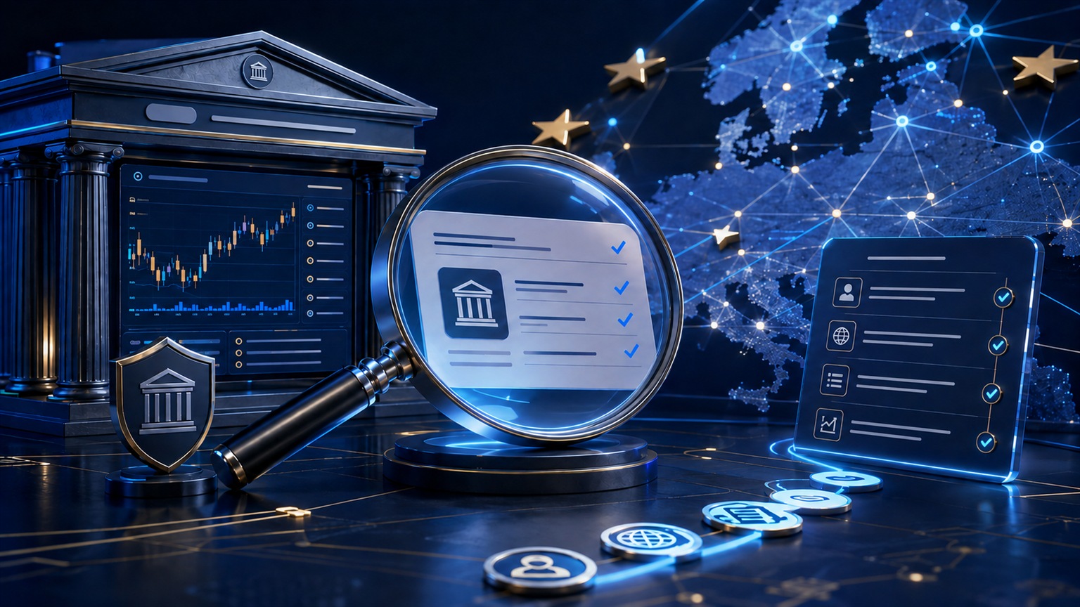 Moderne redaktionelle Illustration zum Artikel „Krypto-Börse und MiCA-Lizenz prüfen: ESMA- und BaFin-Check 2026“ über Krypto-Steuern