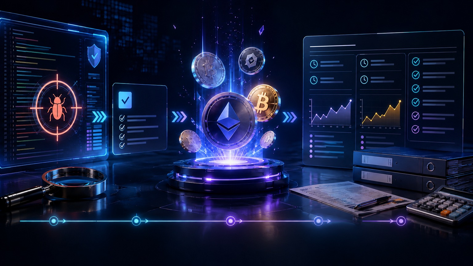 Moderne redaktionelle Illustration zum Artikel „Krypto-Bounties versteuern 2026: Bug Bounty, Rewards und Token-Zuflüsse“ über Krypto-Steuern