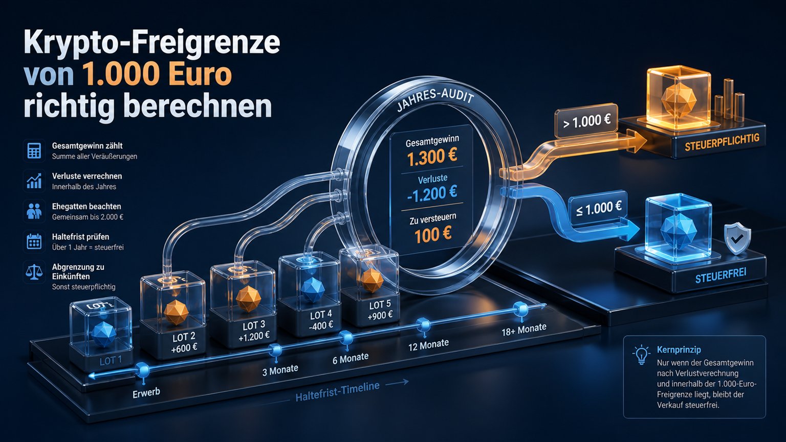 Moderne redaktionelle Illustration zum Artikel „Krypto-Freigrenze von 1.000 Euro richtig berechnen“ über Krypto-Steuern