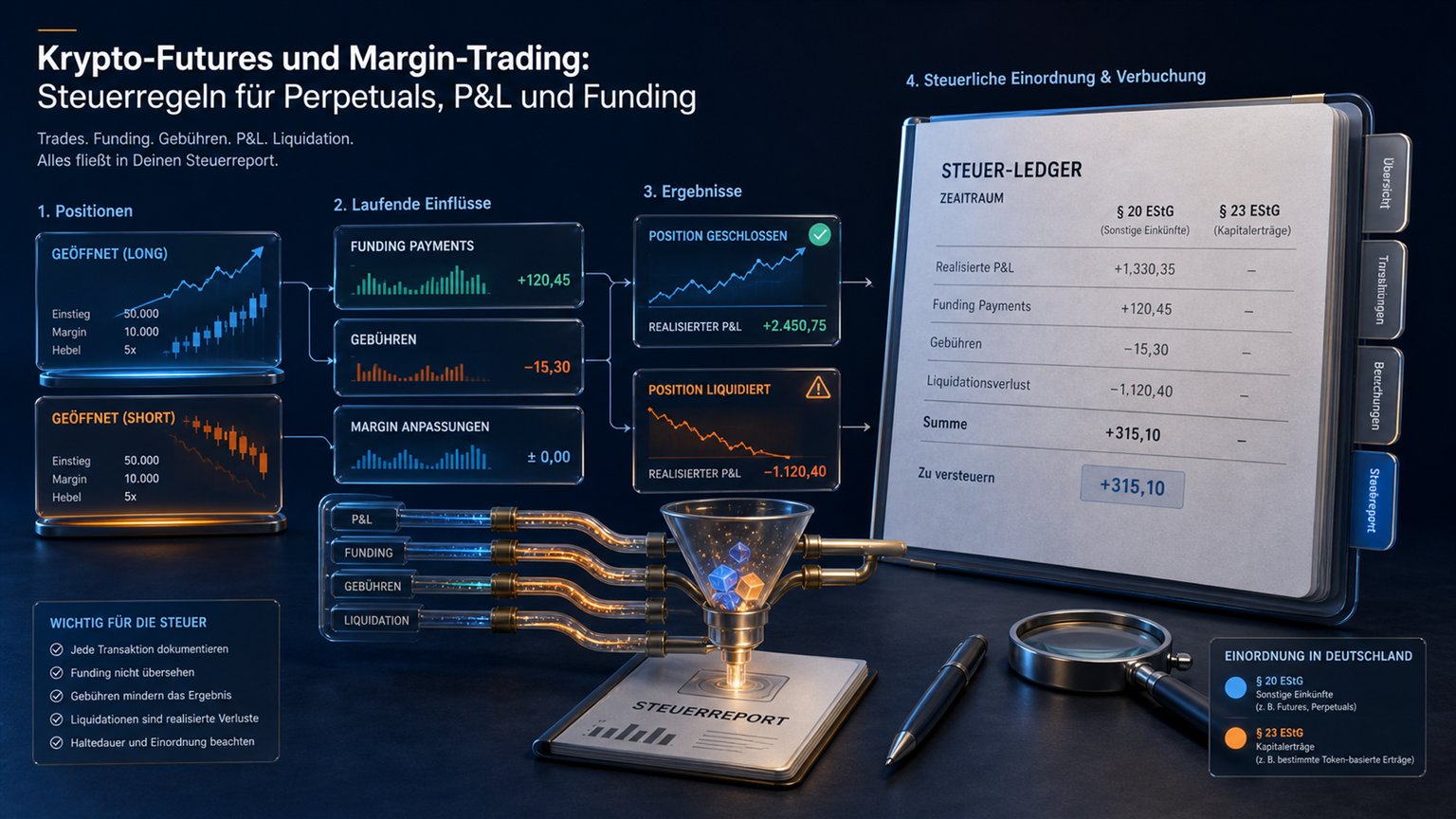 Moderne redaktionelle Illustration zum Artikel „Krypto-Futures und Margin-Trading: Steuerregeln für Perpetuals, P&L und Funding“ über Krypto-Steuern