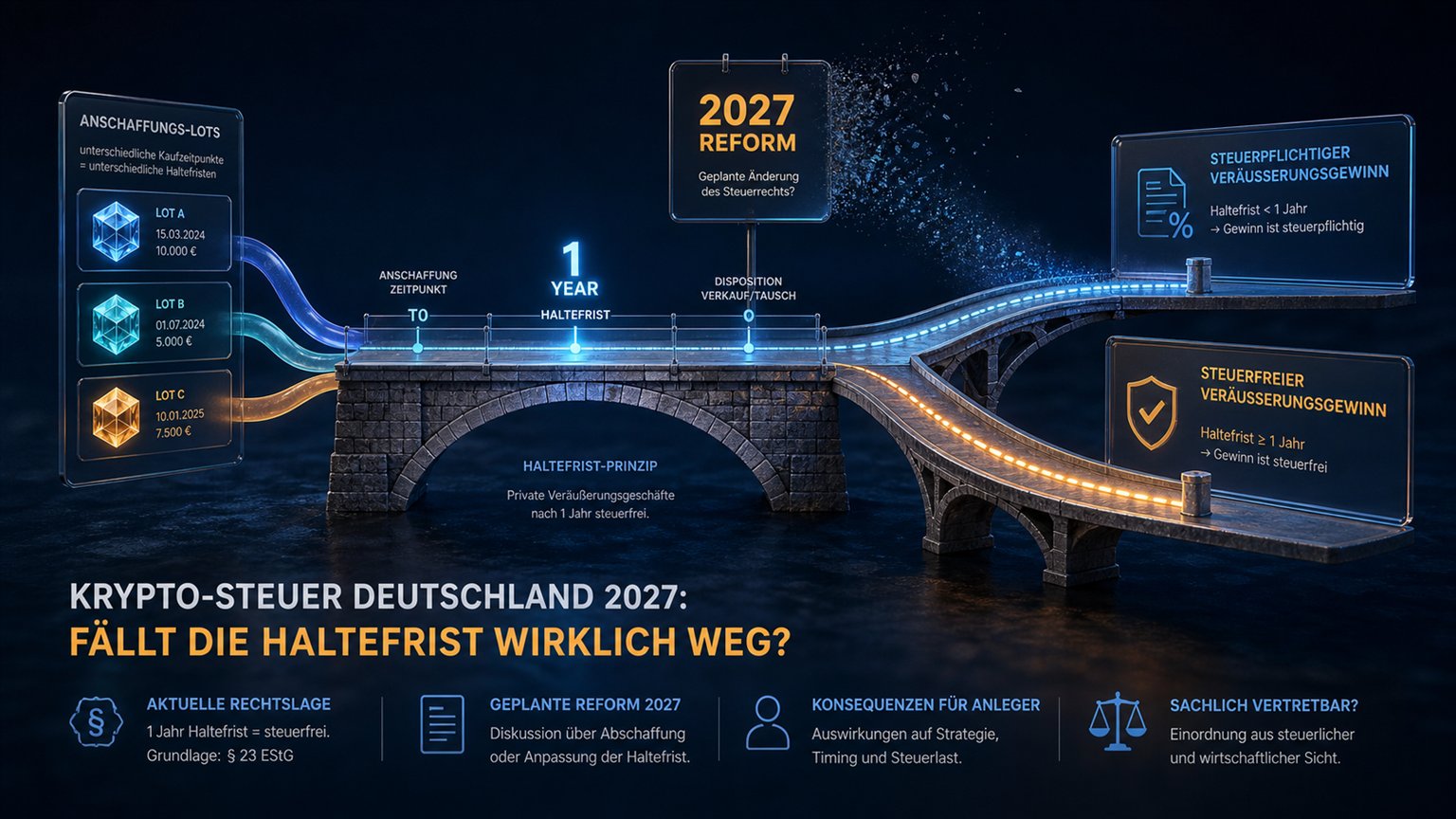 Moderne redaktionelle Illustration zum Artikel „Krypto-Steuer Deutschland 2027: Fällt die Haltefrist wirklich weg?“ über Krypto-Steuern