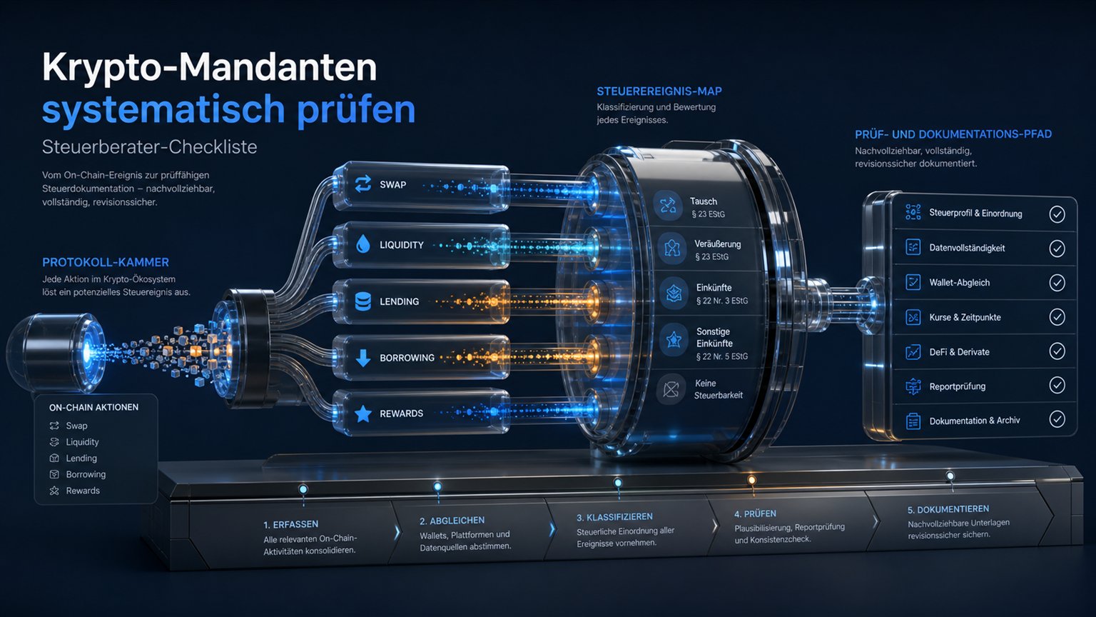 Moderne redaktionelle Illustration zum Artikel „Krypto-Mandanten systematisch prüfen: Steuerberater-Checkliste“ über Krypto-Steuern