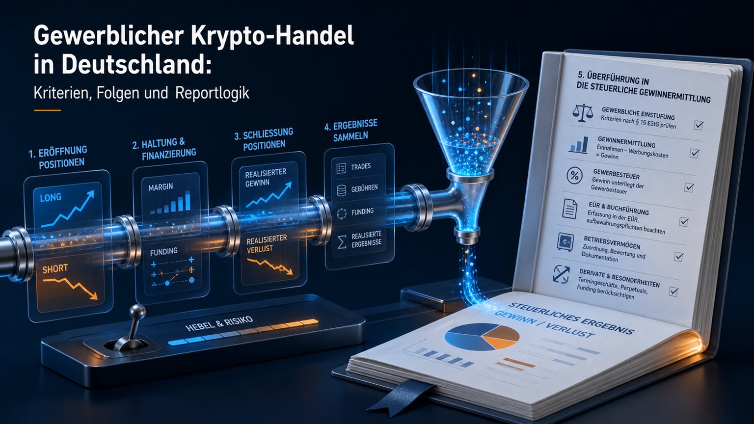 Moderne redaktionelle Illustration zum Artikel „Gewerblicher Krypto-Handel in Deutschland: Kriterien, Folgen und Reportlogik“ über Krypto-Steuern