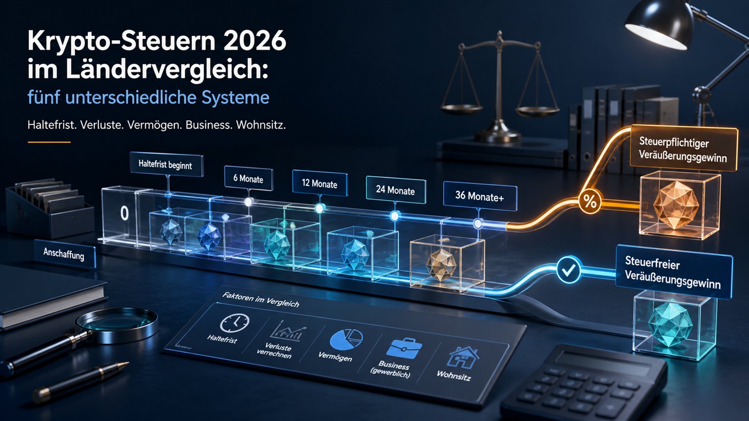 Moderne redaktionelle Illustration zum Artikel „Krypto-Steuern 2026 im Ländervergleich: fünf unterschiedliche Systeme“ über Krypto-Steuern