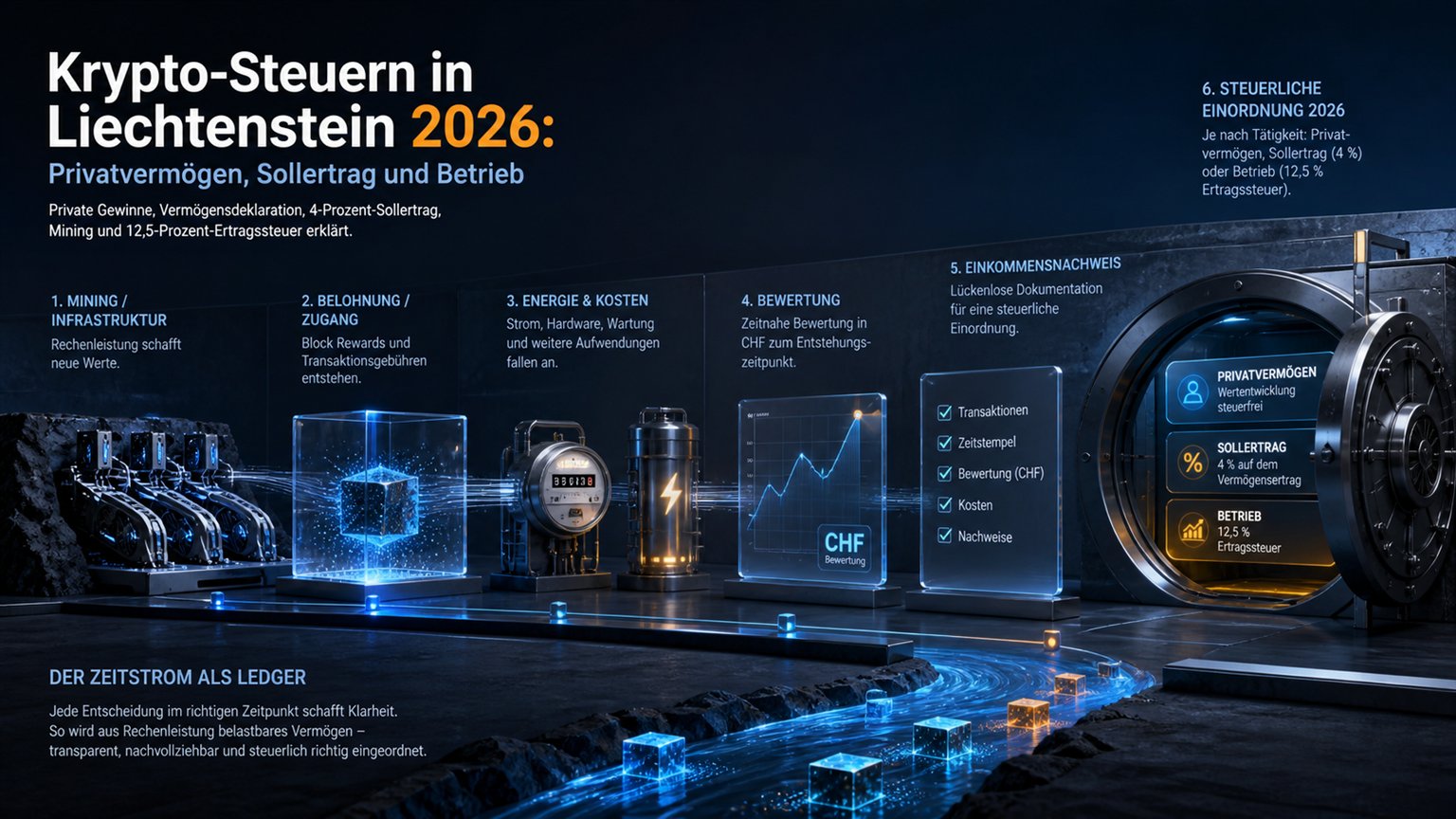 Moderne redaktionelle Illustration zum Artikel „Krypto-Steuern in Liechtenstein 2026: Privatvermögen, Sollertrag und Betrieb“ über Krypto-Steuern