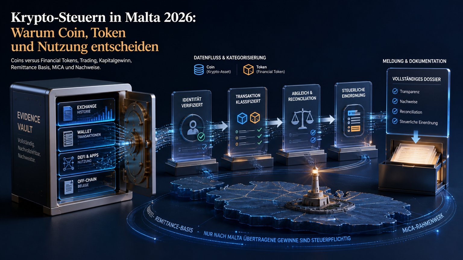 Moderne redaktionelle Illustration zum Artikel „Krypto-Steuern in Malta 2026: Warum Coin, Token und Nutzung entscheiden“ über Krypto-Steuern