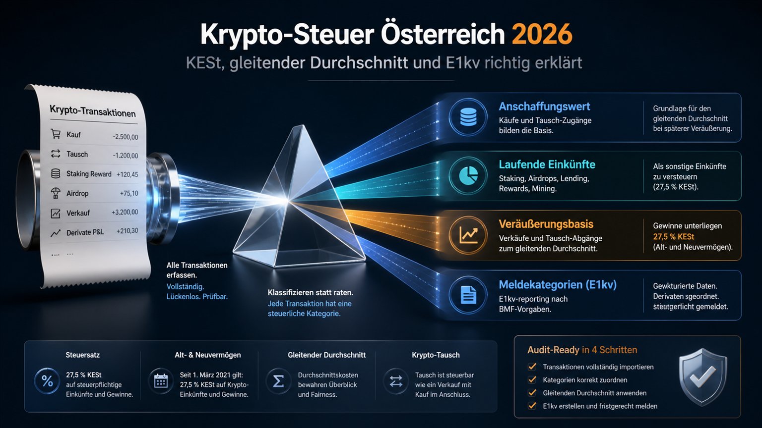 Moderne redaktionelle Illustration zum Artikel „Krypto-Steuer Österreich 2026: KESt, gleitender Durchschnitt und E1kv“ über Krypto-Steuern