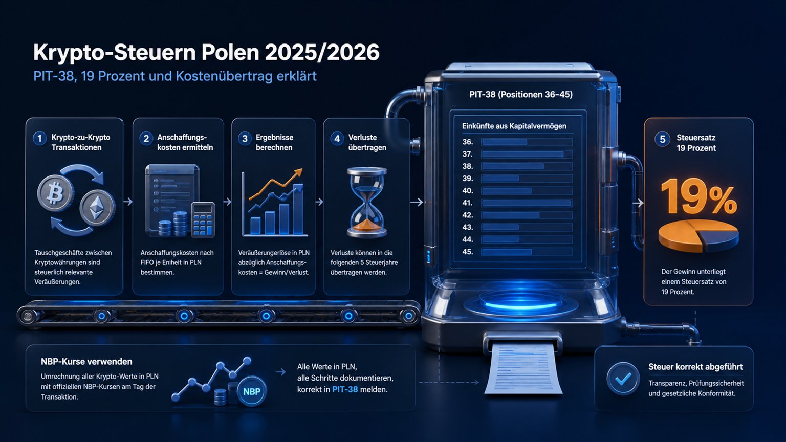 Moderne redaktionelle Illustration zum Artikel „Krypto-Steuern Polen 2025/2026: PIT-38, 19 Prozent und Kostenübertrag“ über Krypto-Steuern