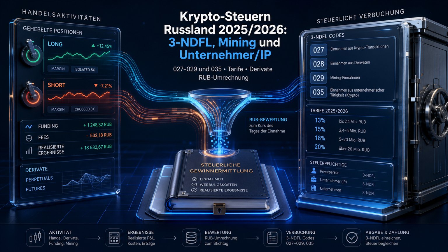 Moderne redaktionelle Illustration zum Artikel „Krypto-Steuern Russland 2025/2026: 3-NDFL, Mining und Unternehmer/IP“ über Krypto-Steuern