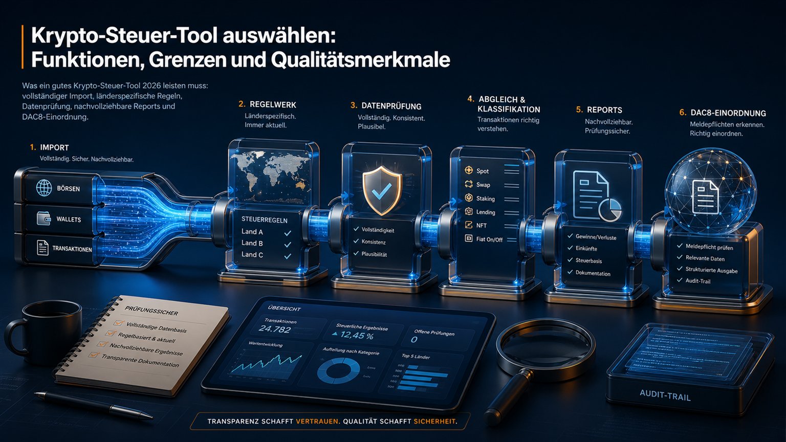 Moderne redaktionelle Illustration zum Artikel „Krypto-Steuer-Tool auswählen: Funktionen, Grenzen und Qualitätsmerkmale“ über Krypto-Steuern